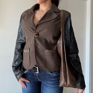 Y2K Preppy Brown Blazer with Faux Leather Sleeves